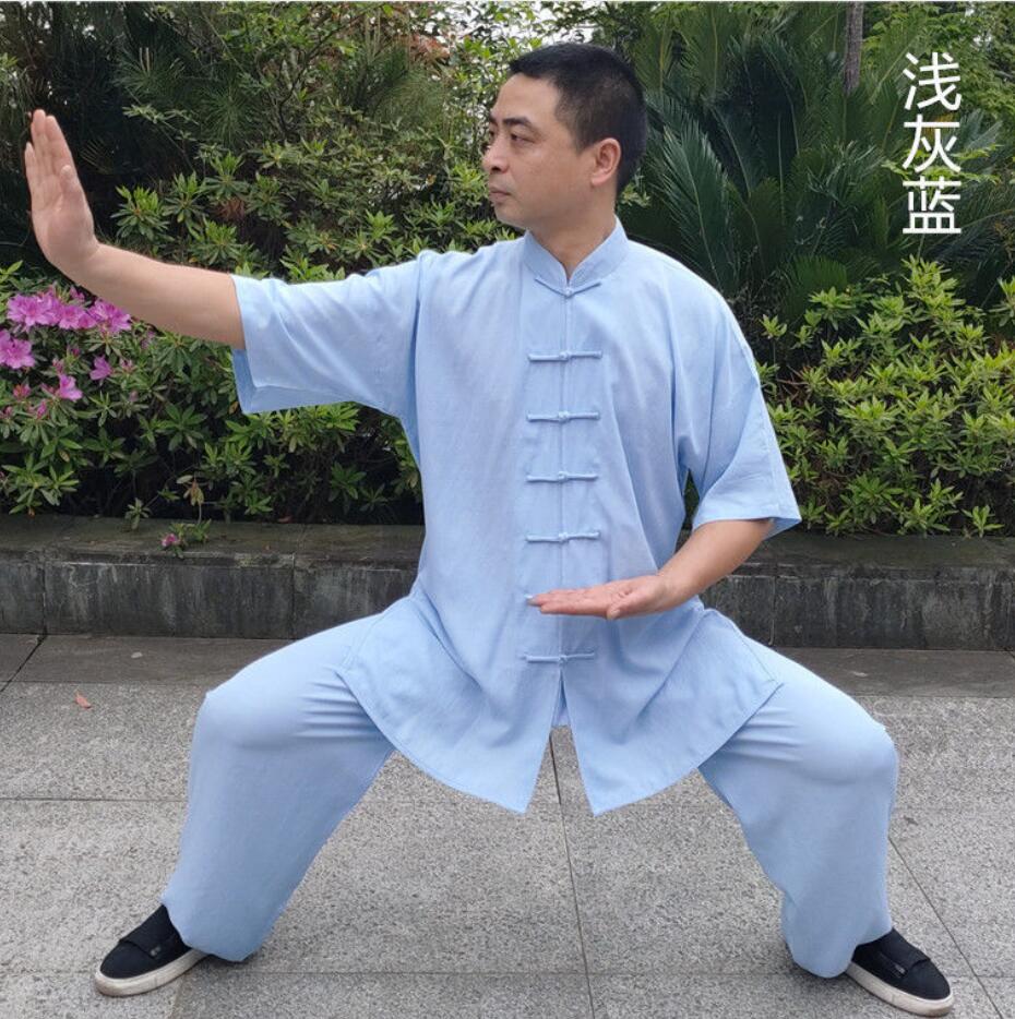 夏季短袖太极服棉麻武术练功服男功夫服亚麻中袖太极拳服表演服装