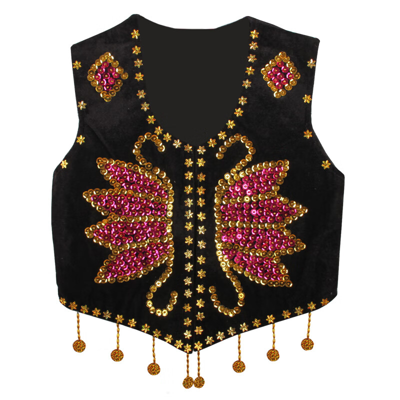 亮片马夹短款维吾尔族舞蹈服装女士演出服坎肩 黑色 s(腰围80胸围86)