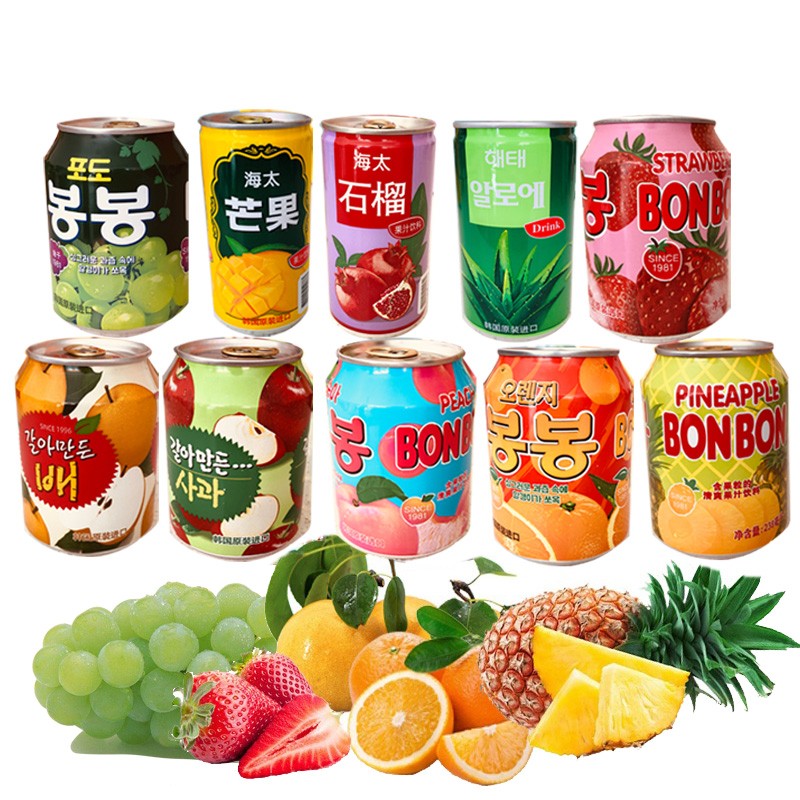 韩国海太饮料果粒果汁 10听10口味葡萄汁芦荟桔橙汁桃汁草莓梨菠萝苹果芒果进口饮料