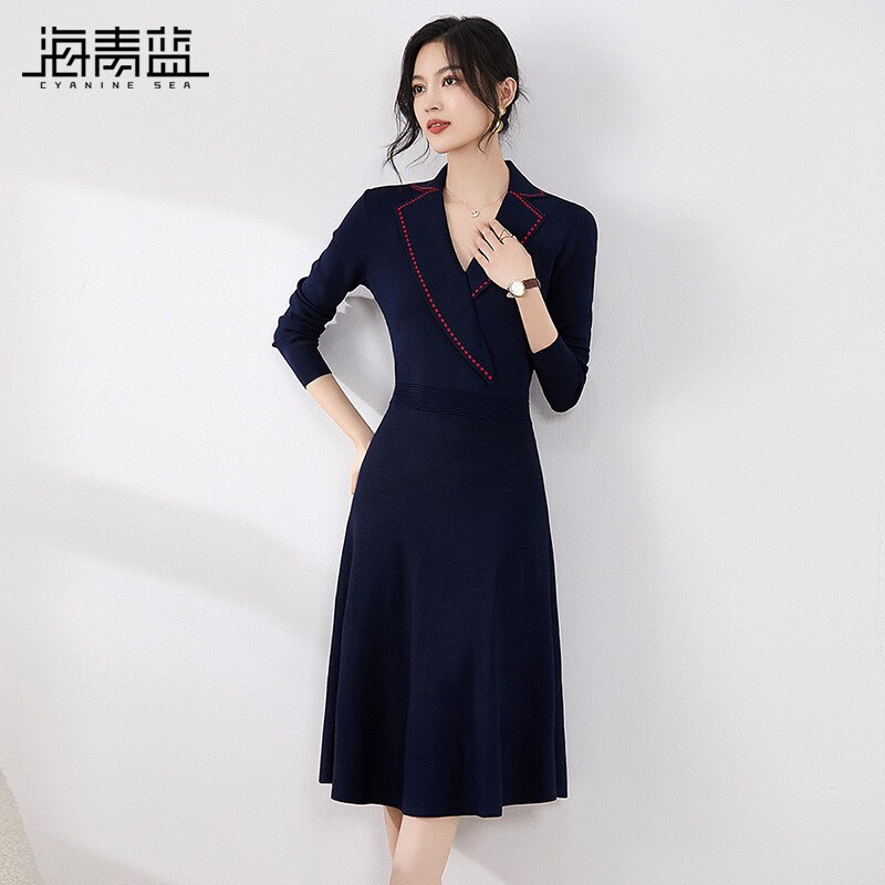 海青蓝(cyanine sea)2023秋冬新款女装时尚通勤西服领毛衣裙显瘦打底