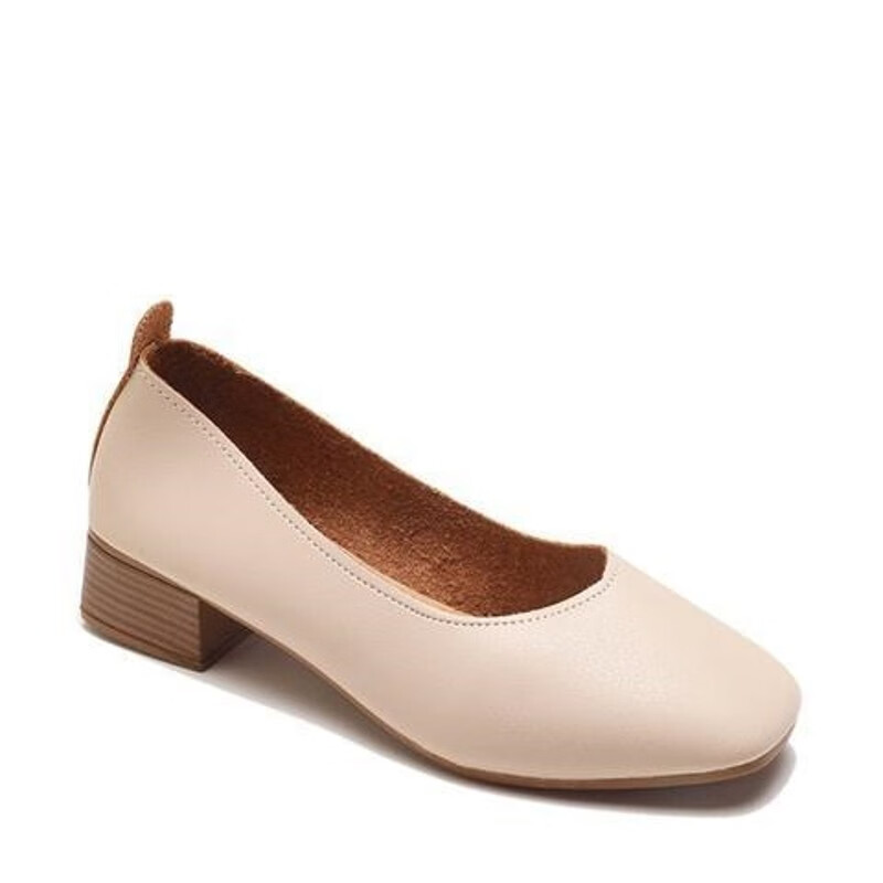 中青年春夏复古奶奶鞋单鞋平底懒人女鞋粗跟豆豆 温州皮鞋女-米白色