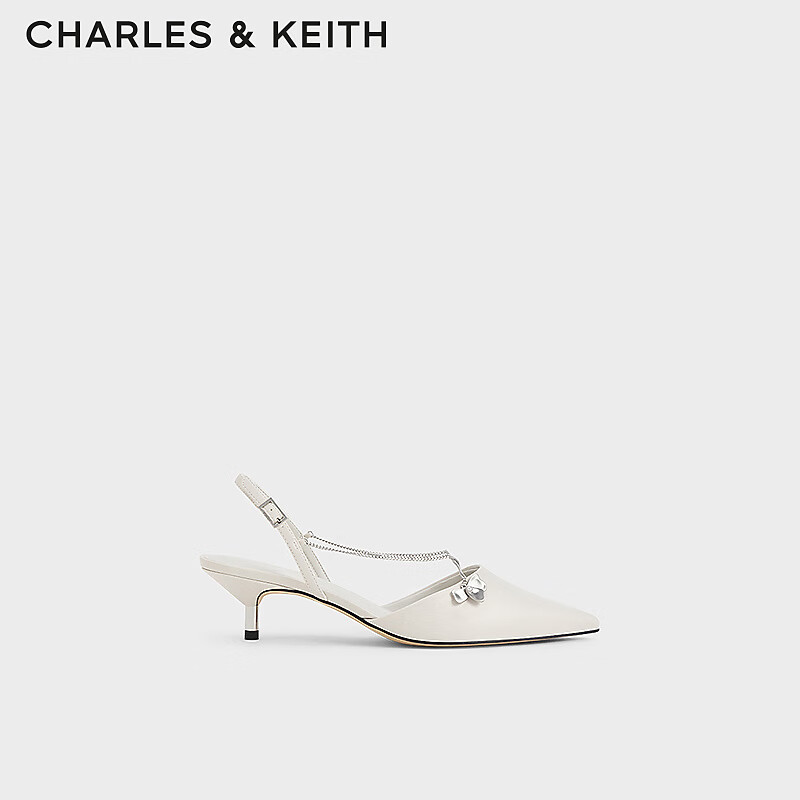 CHARLES&KEITH24夏新品尖头细跟后空交叉链条凉鞋女CK1-61720188 粉白色Chalk 35