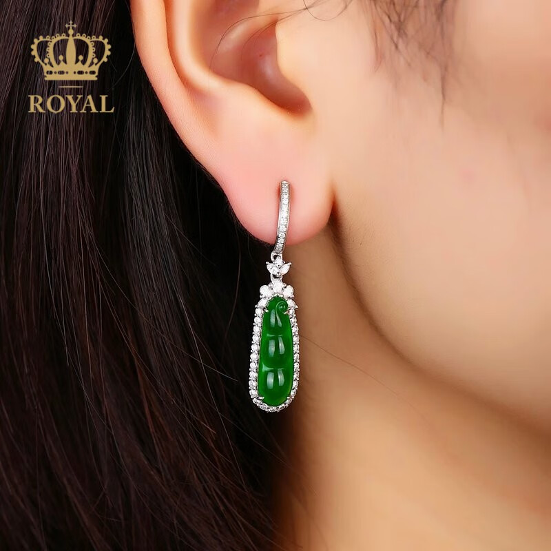 耳环耳饰耳坠老坑冰种满绿色福豆钻石18k金送节日礼物 翡翠豆子耳坠