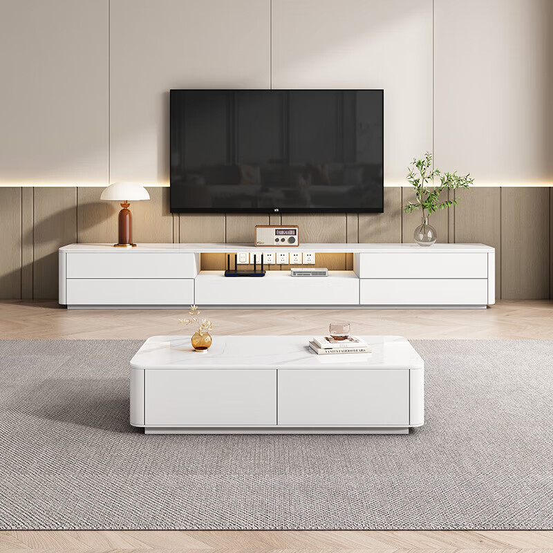 爱美穗落地电视柜现代简约岩板茶几地台组合小户型客厅高款实木圆角柜