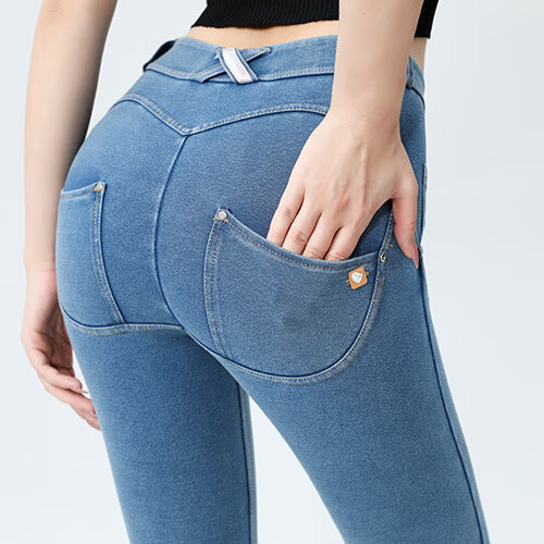 弹力牛仔裤女紧身蜜桃臀健美裤有口袋的女性感提臀美臀翘臀小 浅蓝色