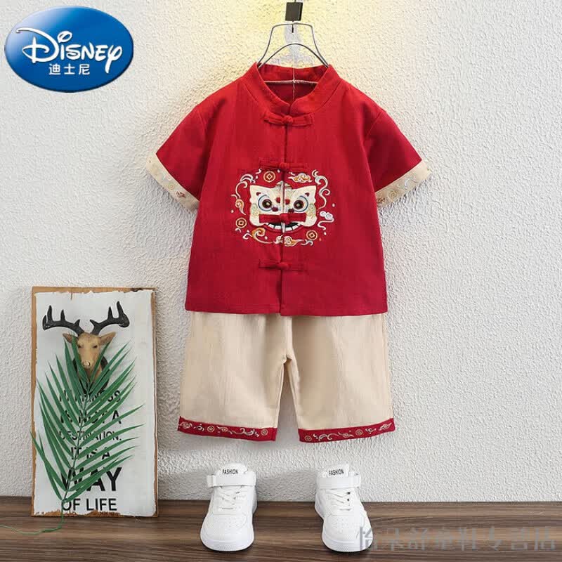 迪士尼（Disney）汉服儿童套装夏季童装男童秋装套装新款古风周岁礼服宝宝棉麻衣服 红色 90码建议身高80-90cm1岁半-2怎么看?