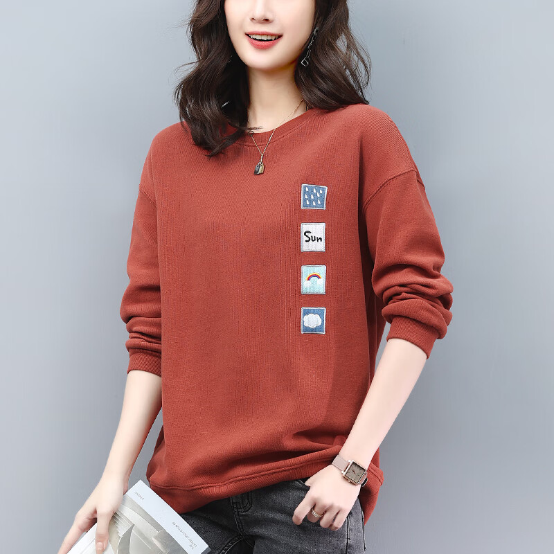 帽无帽卫衣女中年人不加绒卫衣春秋宽松薄款小个子套头衫上衣 砖红色