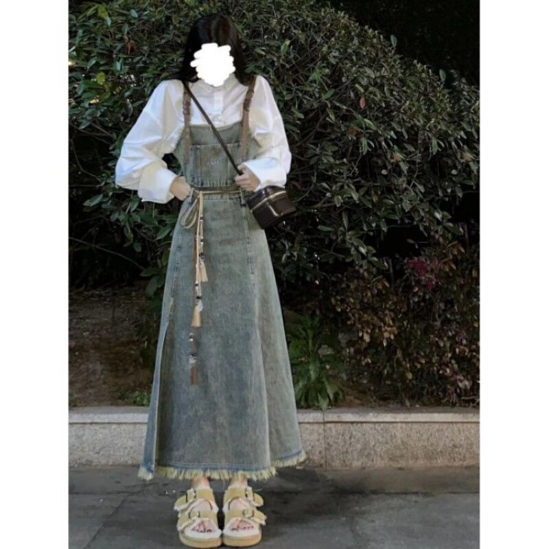 沐悠羽復(fù)古學(xué)院風(fēng)牛仔背帶裙女夏季設(shè)計(jì)感水洗毛邊百搭長款連衣裙潮 復(fù)古藍(lán)+腰帶 3XL 高品質(zhì)