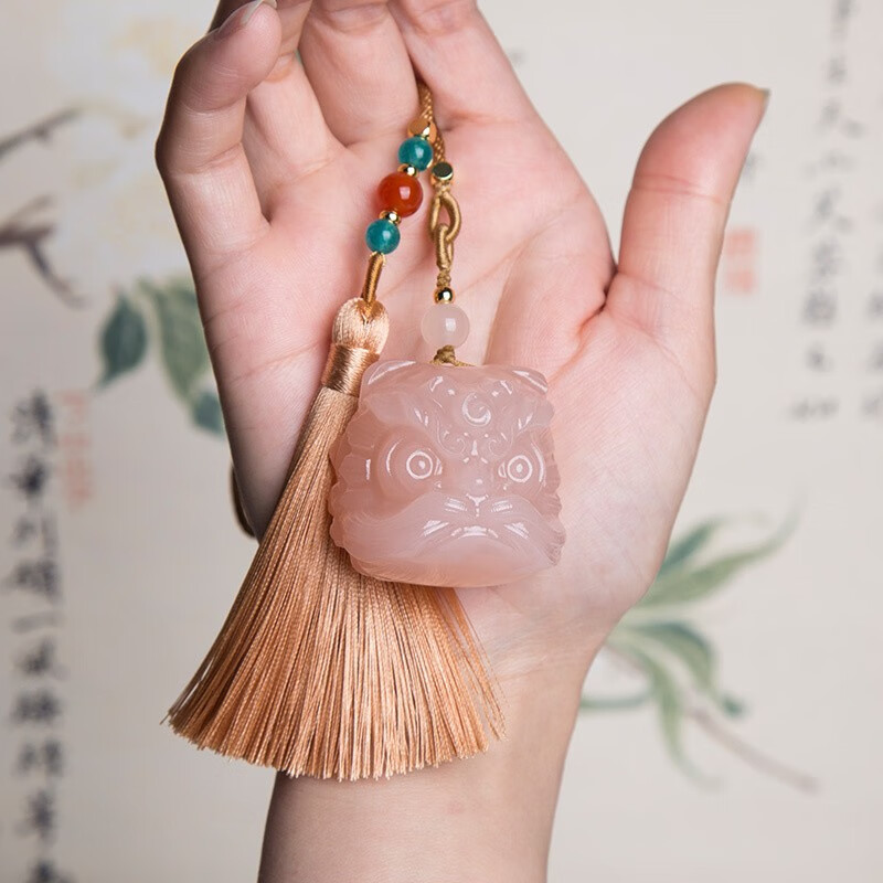 春龙醒狮手把件阿富汗玉石雕刻醒狮粉透可爱狮子头国风送女 粉色-绳子