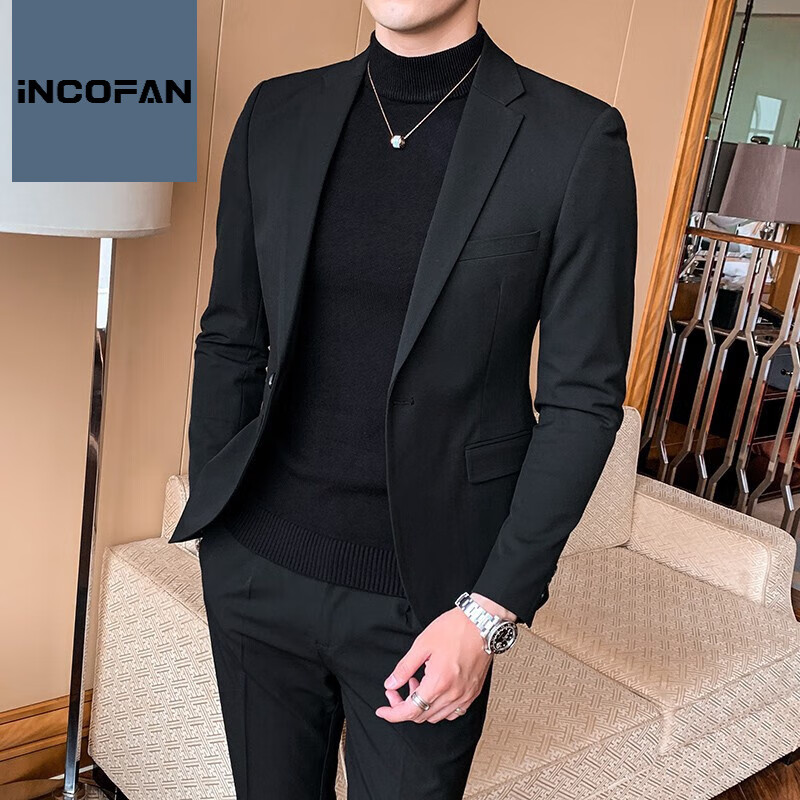 新款商务正装男士小西装男外套韩版潮流修身西装男套装 黑色西装 m