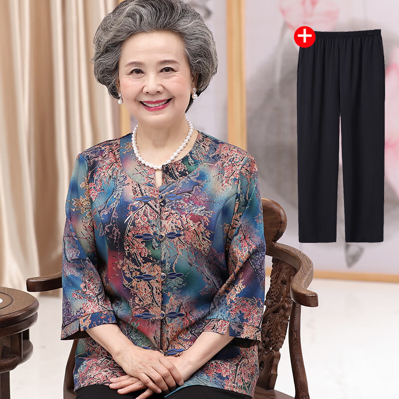 榕欣中老年妈妈女装老年人夏装奶奶夏季七分袖T恤6070岁衬衫套装衣服 蓝发财花【上衣+裤子】 2XL  （建议115-130斤）