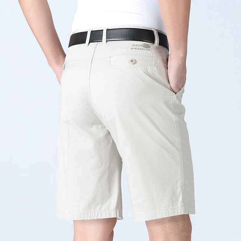 男士西装五分短裤中老年人爷爷薄款纯棉休闲中年加肥加大码沙滩裤 米