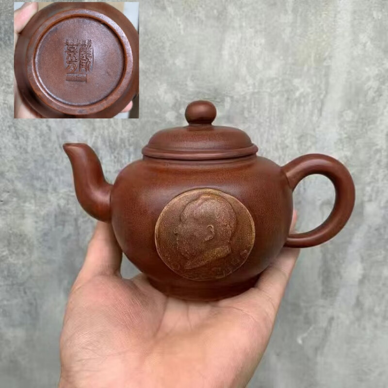 清時代 紫砂彫 泥絵紋六方老紫砂茶壺 邵景南銘【仁】中国