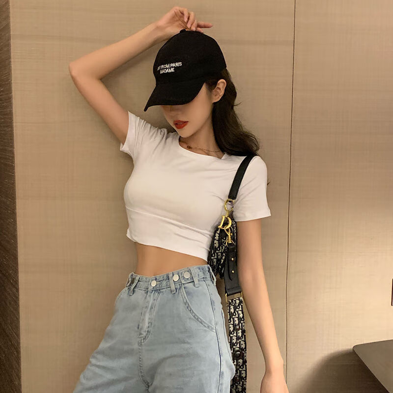 boku rooster夏天穿的高腰露腰露肚脐短袖女士短款打底t恤白色女修身