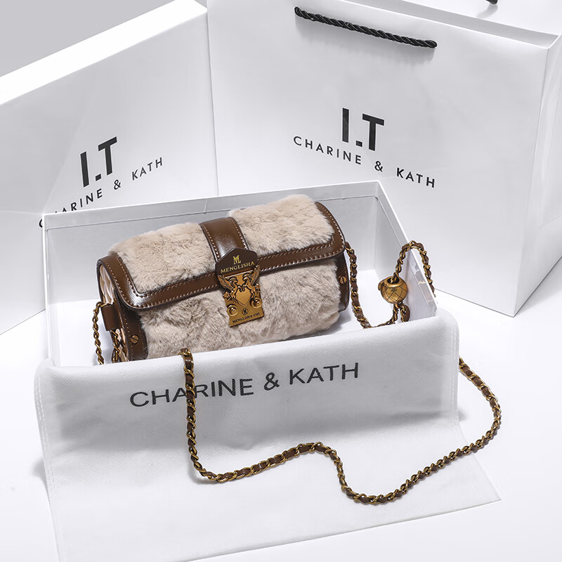 CHARINE&KATH CK女包高级感链条笔筒包小众设计巴比龙毛毛枕头包女单肩斜挎包 棕色 专柜礼盒装