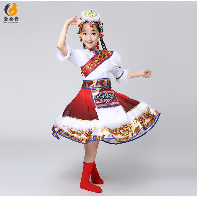 洛必達(dá) 新款兒童西藏舞蹈表演服藏族水袖內(nèi)蒙古原拉薩少數(shù)民族演出服裝 白色  短袖 +頭飾鞋套 150CM