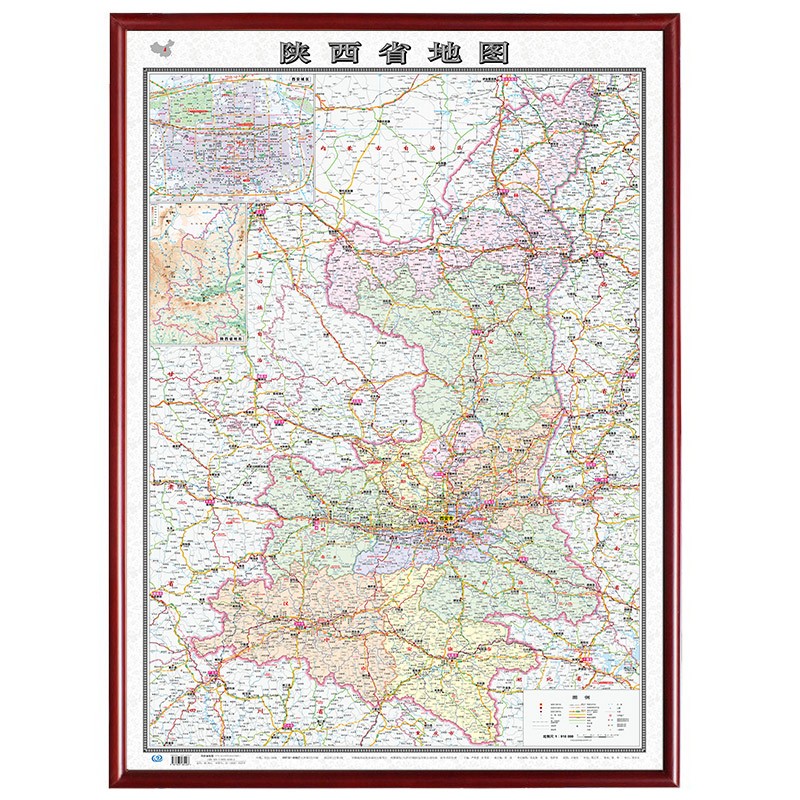 【定制边框】2022年 陕西省地图 木框装裱 政区景点交通地形 约1.1米*0.8米 红棕色边框