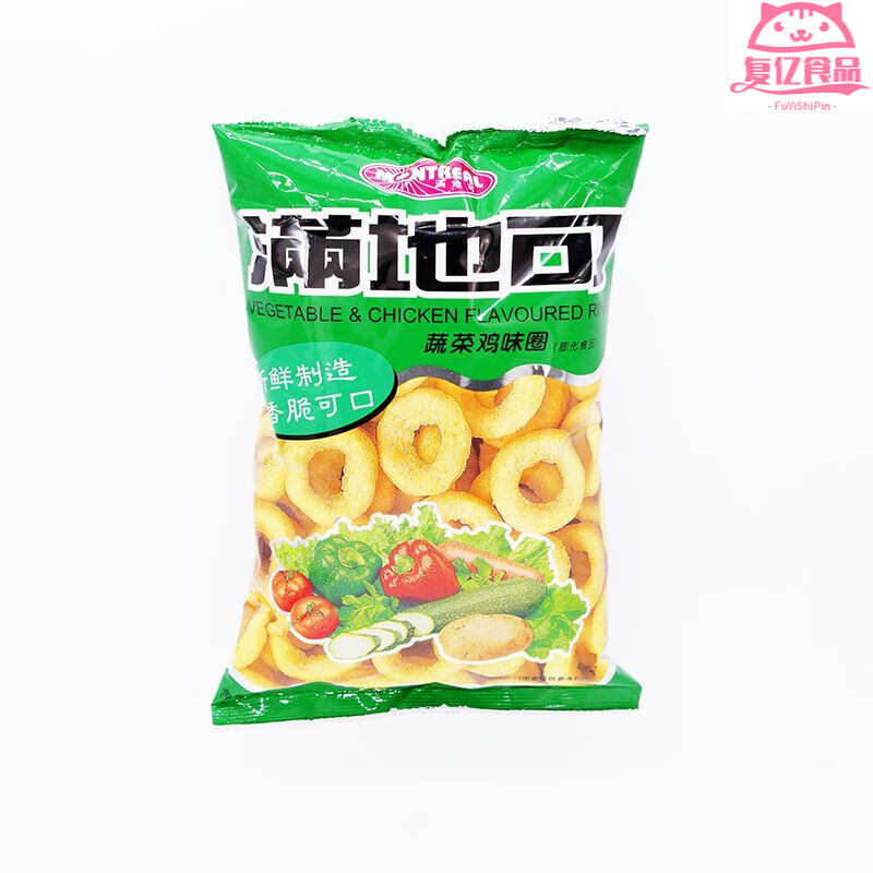 食芳溢滿地可蔬菜雞味圈魷魚香辣烤肉番茄膨化薯片辦公休閑零食品 蔬菜雞味圈75克(綠色) 4袋(低)