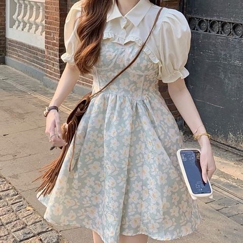 纯欲风设计感别致上衣搭配碎花两件套装可 别致衬衫 碎花吊带裙(套装)