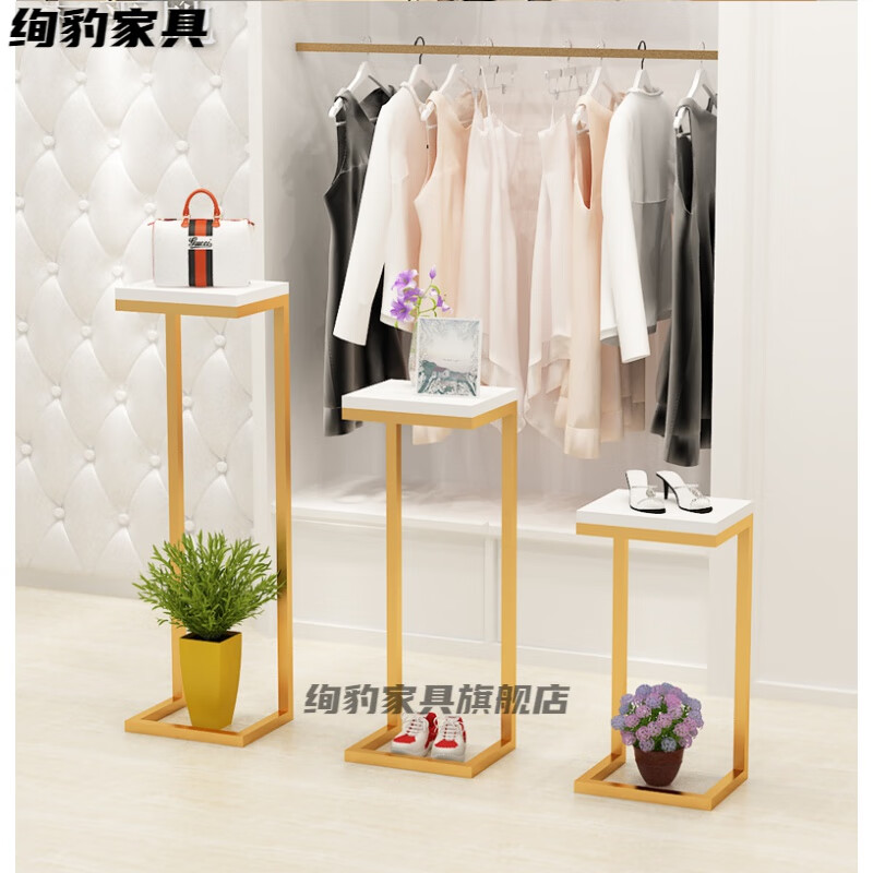 绚豹高低流水台商场服装店展示架金色落地式橱窗高低鞋包陈列架中岛柜