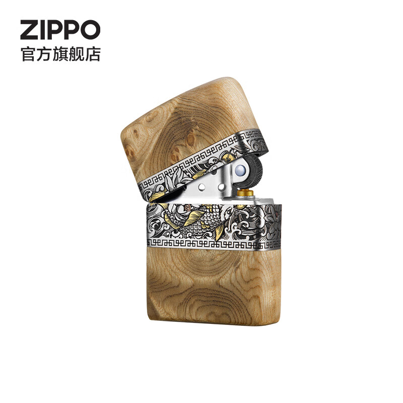 ZIPPO打火机官方旗舰店正品520送老公礼物鱼跃龙门顺风顺水告白礼物送 鱼跃龙门-黄金樟木133ml含石含线黑色套装