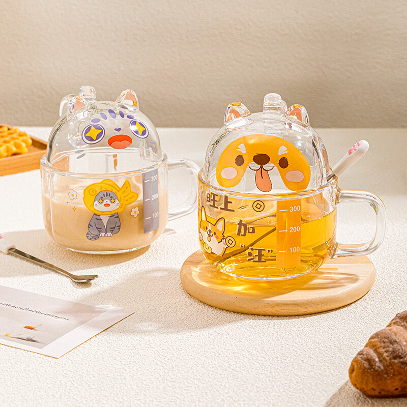 乐唯诗（LOVWISH）卡通玻璃早餐杯牛奶麦片饮料水杯一盖两用 熊猫【水杯350ml+杯盖150ML】