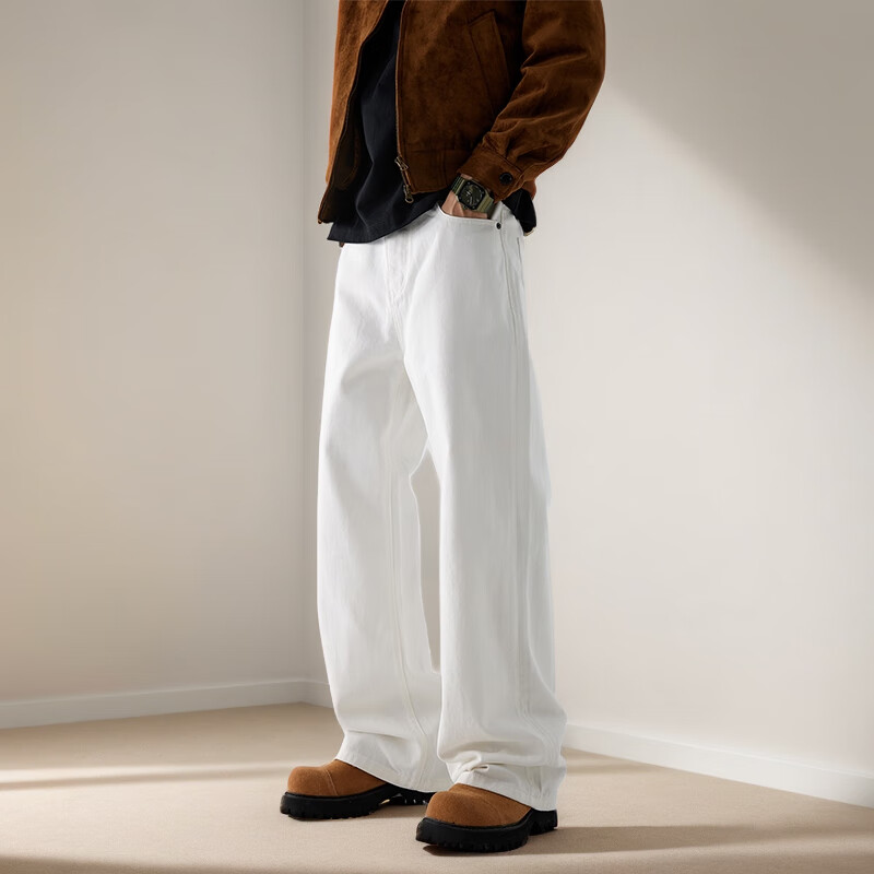 白色牛仔裤男高级感直筒阔腿裤弯刀美式休闲风宽松型秋冬青年裤子 白色 8202-1 32 建议156-165斤