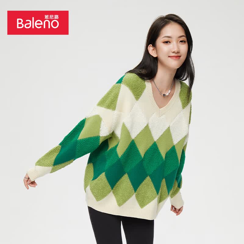班尼路（Baleno）毛衣女时尚休闲绿色菱格宽松套头V领保暖套头上衣 168G奶油绿 M怎么样,好用不?