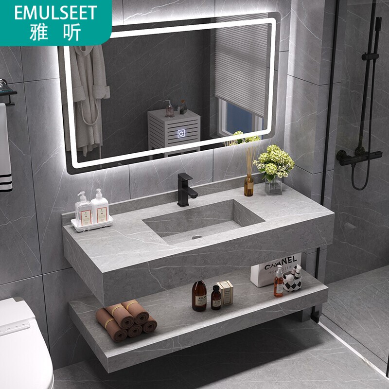 雅听2023新款轻奢浴室柜酒店岩板面盆石材洗手盆组合卫生间防 60公分