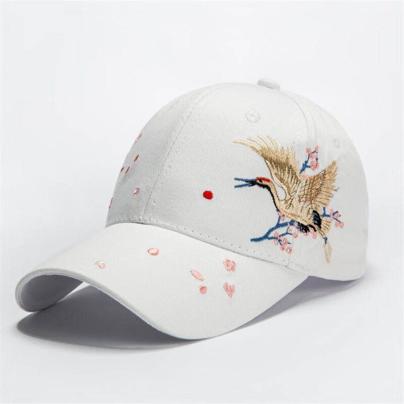 女民族风白鹤刺绣花帽子休闲棒球帽耐晒 白色【部分刺绣样式不同】 可