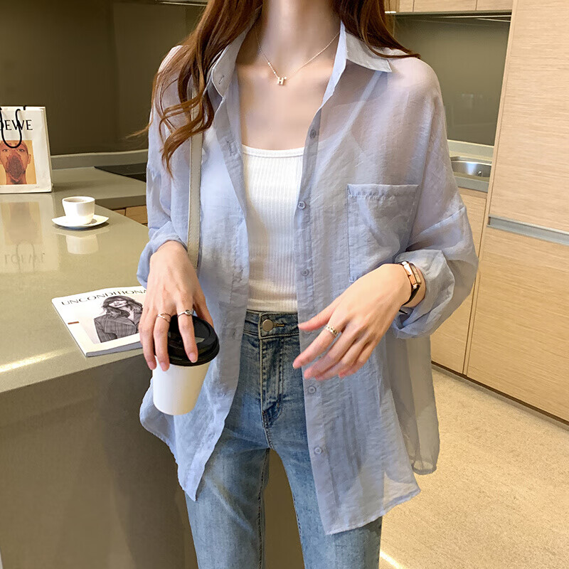 薄款女士衬·衫女夏装2024女装年新款上衣时尚洋气雪纺防嗮衣 灰蓝色