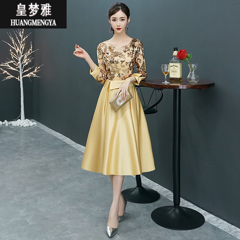 秋冬参加婚礼服装金色晚礼服女质感气质高端宴会主持人连衣裙夏季