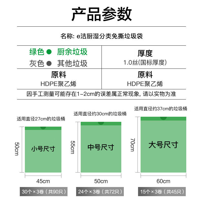 e洁JOY联名自动收口垃圾袋分类家用加厚抽绳免撕90只灰