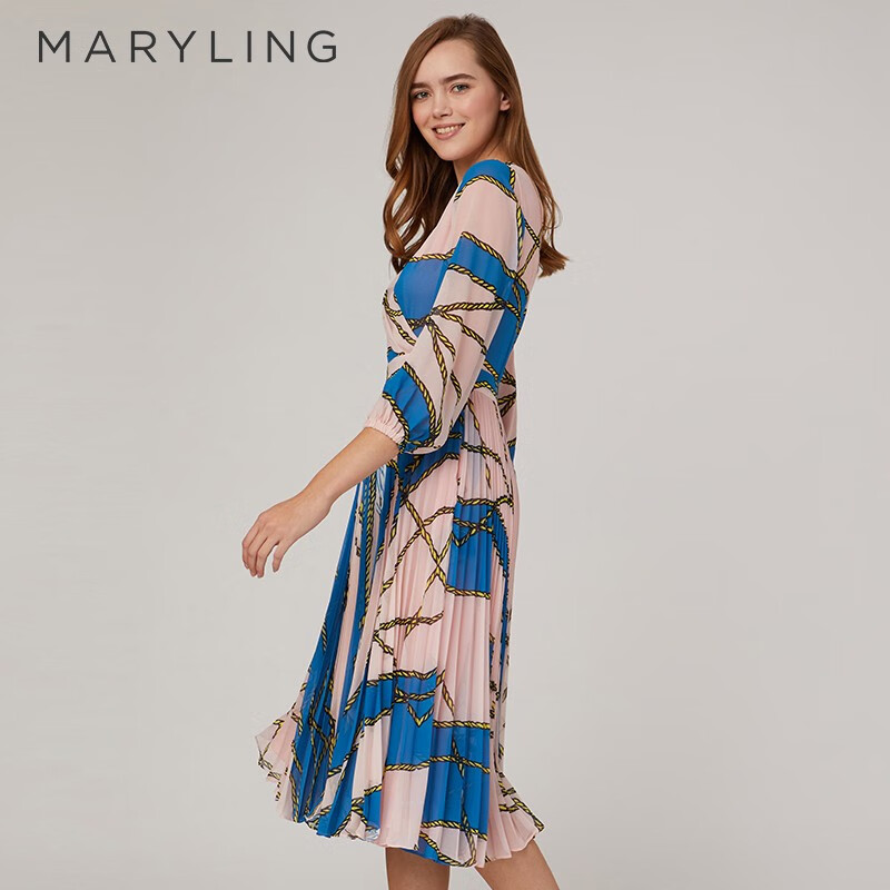 maryling玛俪琳2023春季粉蓝航海印花v领百褶连衣裙a1cbw61620 粉蓝