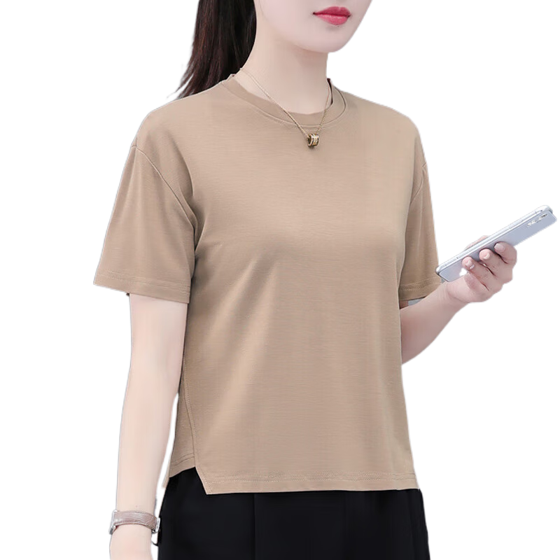 俞兆林 圓領(lǐng)女士短袖t恤女夏季2024新款洋氣中年媽媽裝寬松冰絲短款上衣 卡其 2XL (建議125-140斤)