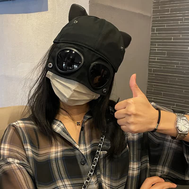 慕瑾繁饰 新款韩版飞行员棒球帽自带墨镜猫耳朵春大头围鸭舌帽眼镜