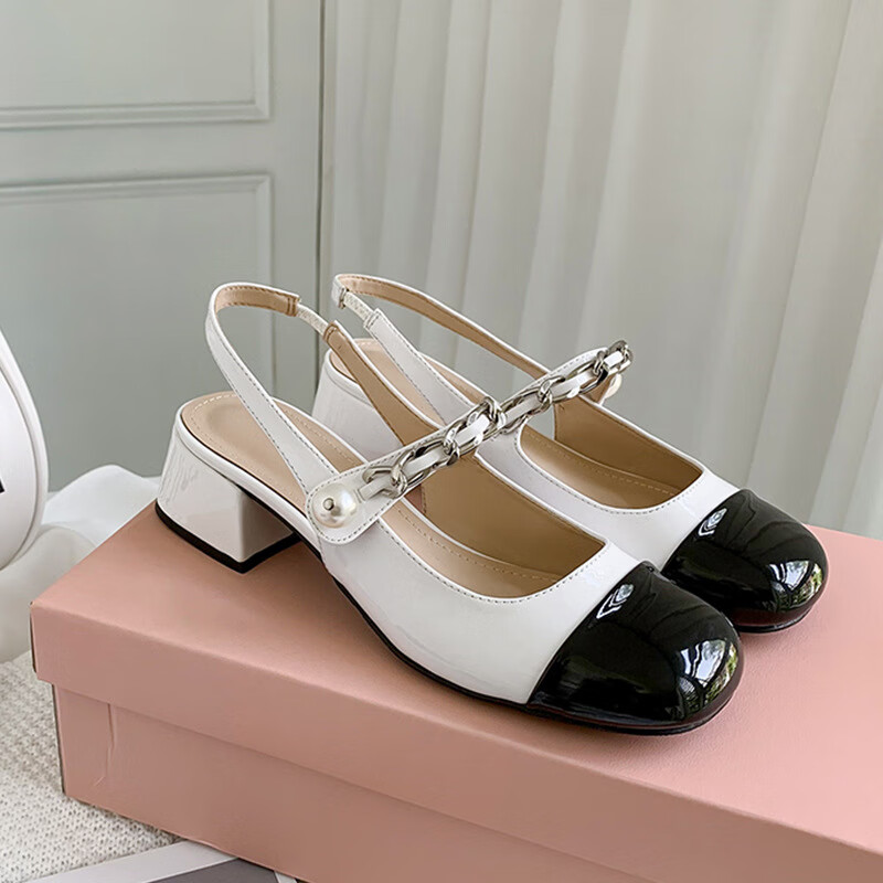 百丽踏葡萄妈miu玛丽珍鞋子包头凉鞋女粗跟拼色小香风单鞋中跟女鞋