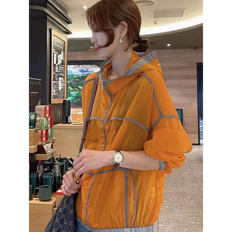 星垂晓雾女生夏天显瘦休闲连帽外套特300斤撞色反骨开衫女夏 橘色 xl