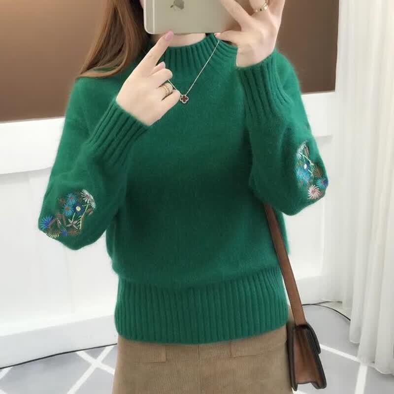 诺煦【包芯纱】半高领毛衣加厚女秋冬季短款刺绣花打底针织衫长袖 绿色 2XL  建议125-145斤