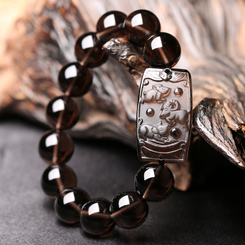 2022年羊兔赐瑞属猪吉祥物冰种黑曜石生肖猪三北斗三奇保岁手链 女款