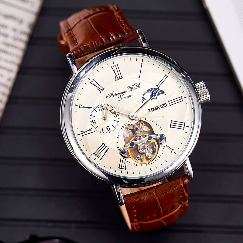 时光一百（TIME100）手表机械表飞轮全自动多功能月相牛皮休闲男表生日送男友生日礼物 复古飞轮机械两地时月相米咖