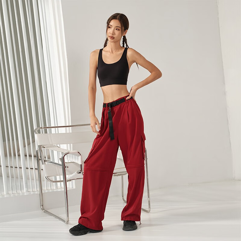 La Nikar运动长裤女夏季薄款高腰阔腿直筒休闲速干美式复古工装裤-K0843 波尔多红 XS