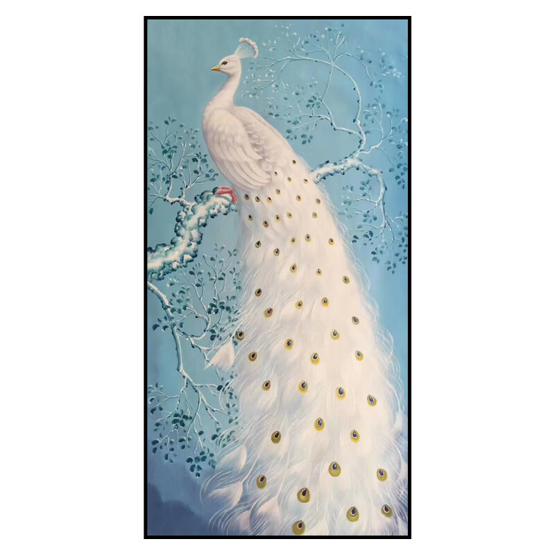 白色孔雀入户玄关装饰画手绘油画新中式动物客厅餐厅艺术挂画竖版