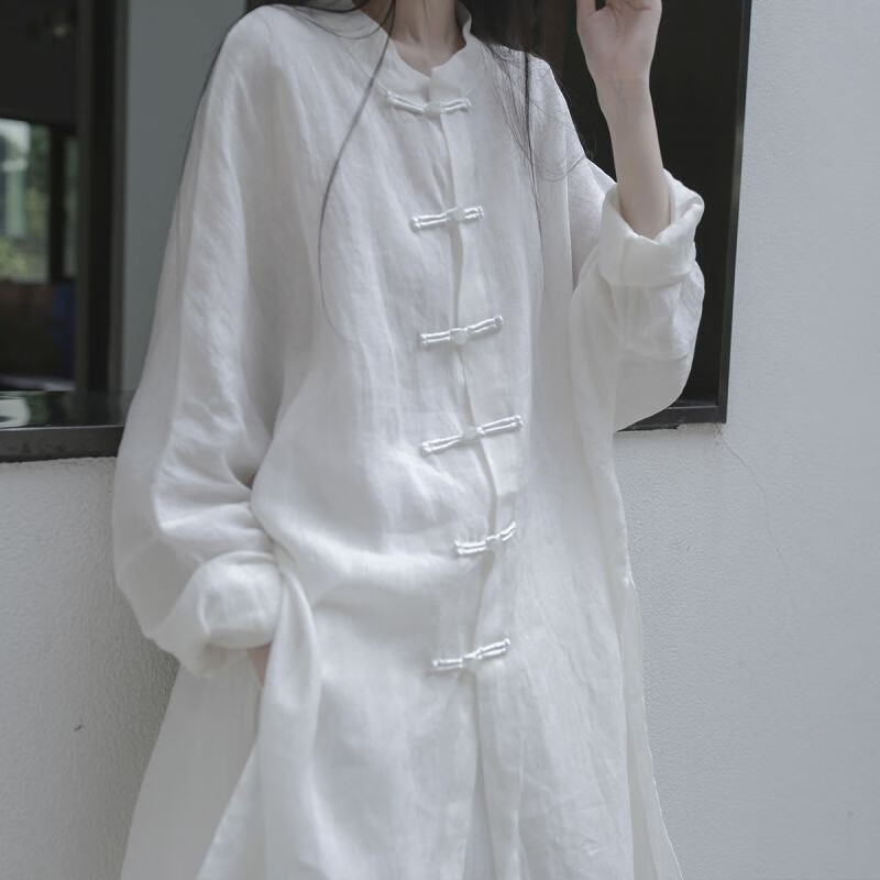 芬格顿禅舞舞蹈服装茶艺服禅意女装设计感小众盘扣宽松衬衣汉服中式衬衫 本白衬衫 L 105-120斤