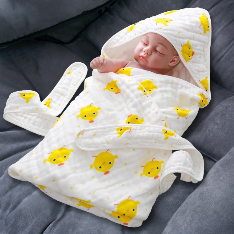 倍呵初生婴儿包被夏天薄款新生儿的小被子纱布宝宝襁褓抱被纯棉春秋季 黄色小鸡 90x90cm