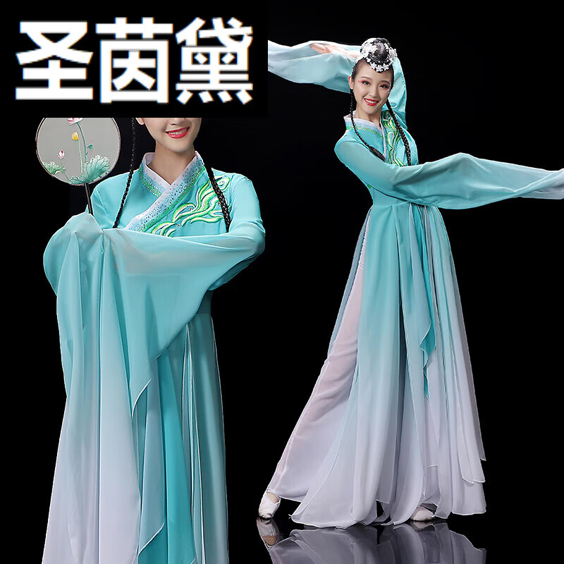 舞演出服古风汉服甩袖雪纺飘逸采薇表演服装水袖舞蹈服长袖女 青色 xs