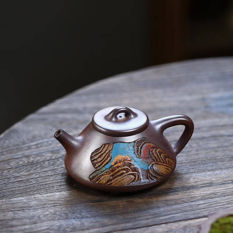鑫祥势宸子冶石瓢纯手工彩刻山水画柴烧茶壶宜兴紫砂壶功夫茶具家用泡
