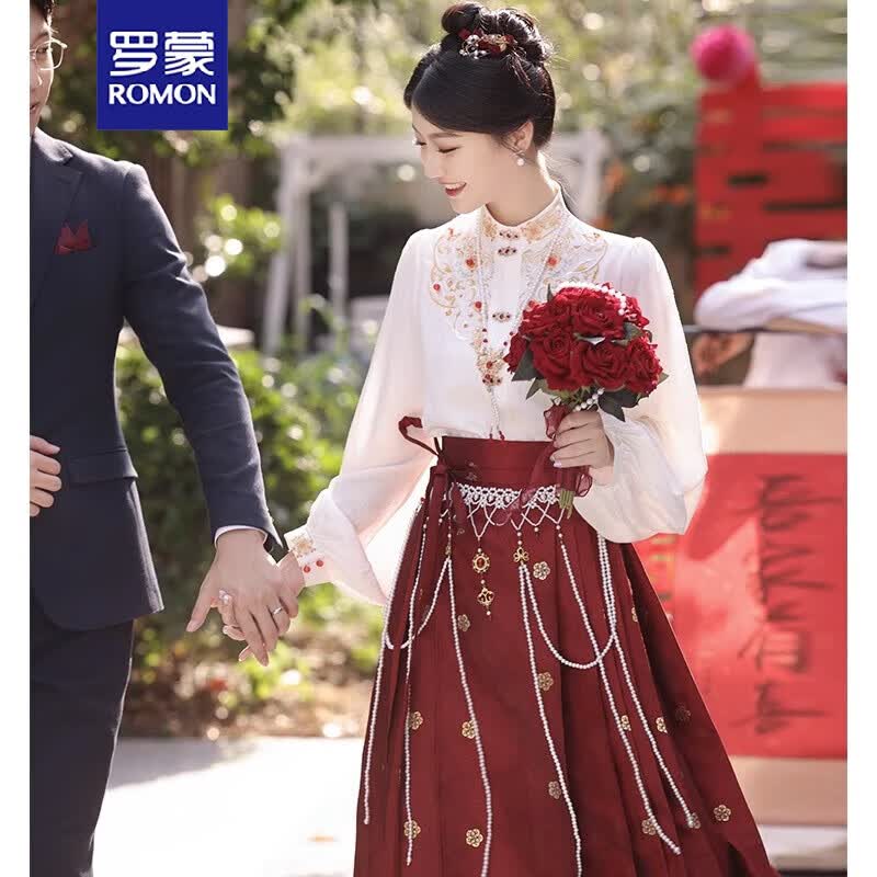 罗蒙红色马面裙敬酒服新娘2023新款高级感订婚礼服国风汉服套装回门服 上衣 XL 推荐 120-135斤高性价比高么？