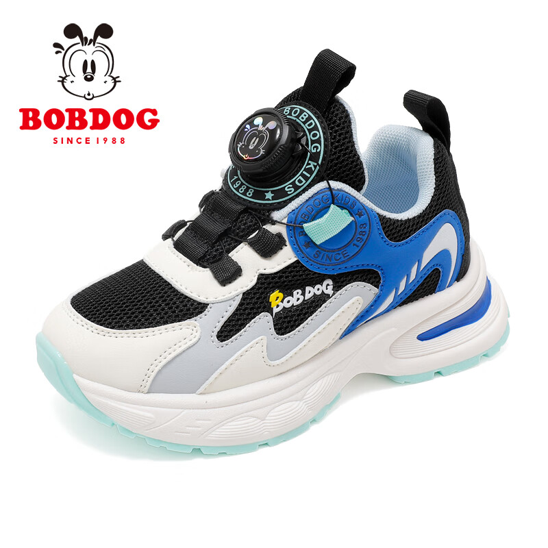 巴布豆童鞋男童秋季透气老爹鞋新款百搭休闲跑鞋旋转扣儿童运动鞋 黑/皇家蓝（单里） 35 适合脚长21.6cm