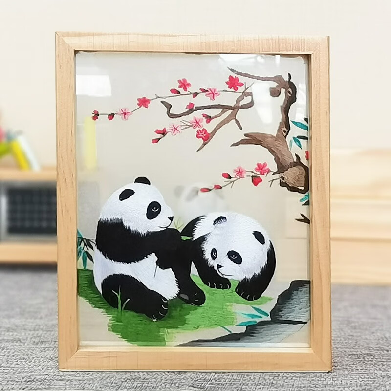 陌上桑蜀绣熊猫手工双面绣办公室桌面装饰摆件工艺品中国特色礼物送